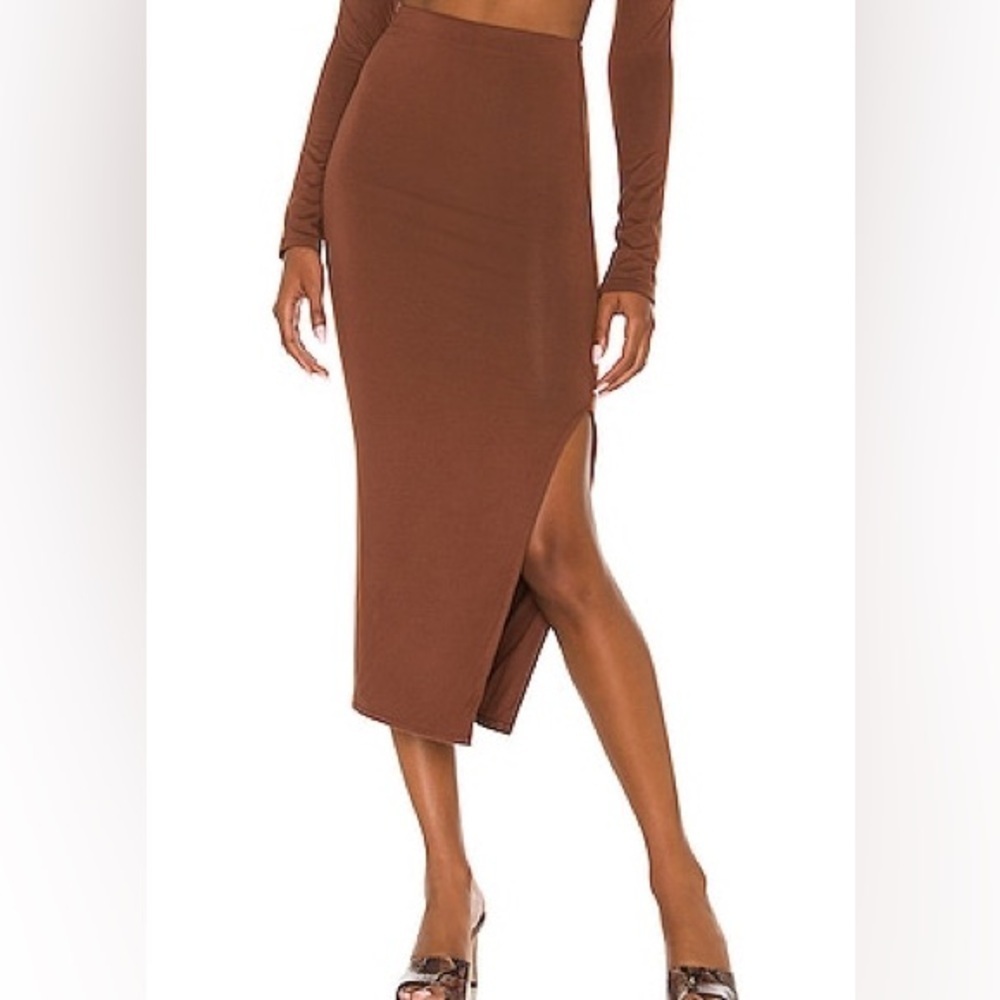 Re Ona Revolve Side Split Jersey Slinky Midi Slip Skirt Chocolate Brown | L